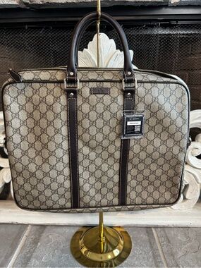 Gucci Beige GG Supreme Canvas Briefcase with Dark Brown Trim and COA